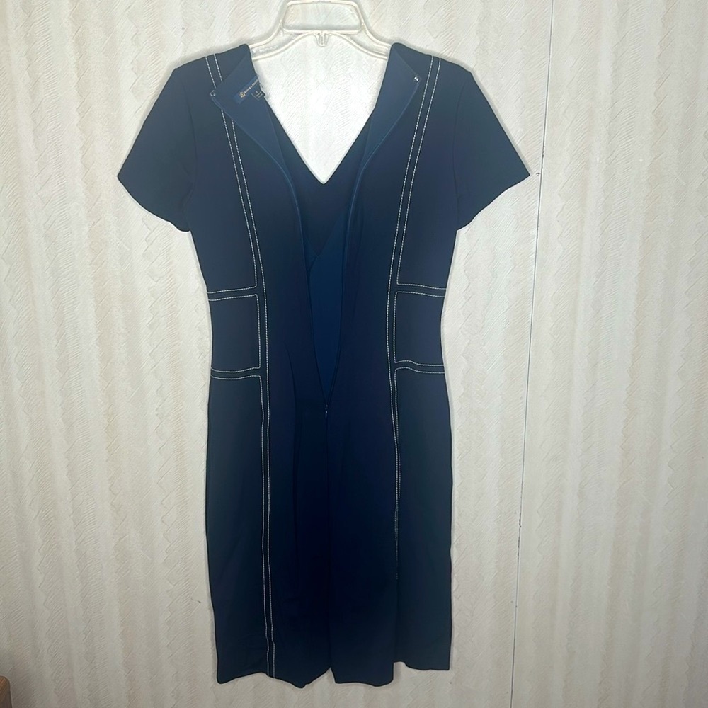 🤩 🆕 BROOKS BROTHERS Navy Blue White Stitched Accents V-Neck Stretch Dress 4 - Picture 4 of 6